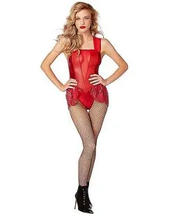 Spirit Halloween Adult Red Leather Lace Bodysuit