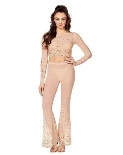 Spirit Halloween Beige Mesh Rhinestone Top And Pants Set